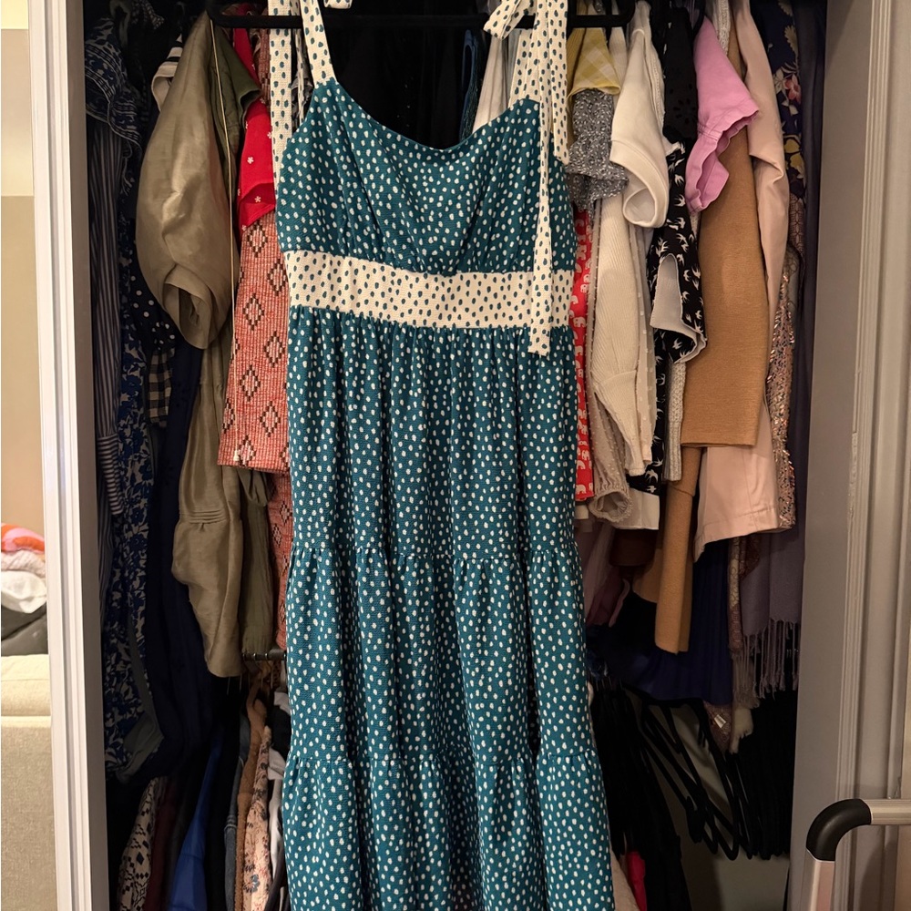 BCBGeneration Teal and White Polka Dot Maxi Dress